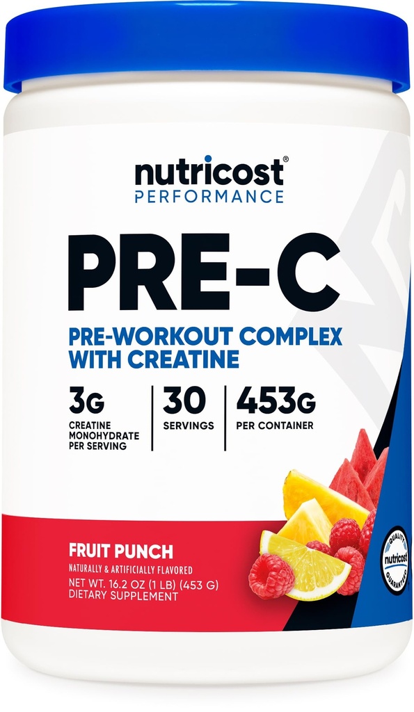 Nutricost Pre-C Pre-Workout komplekss ar kreatīnu (Augļu pūderis) 30 Servējumi Pulveris - Boost Fintess Routines, 453g