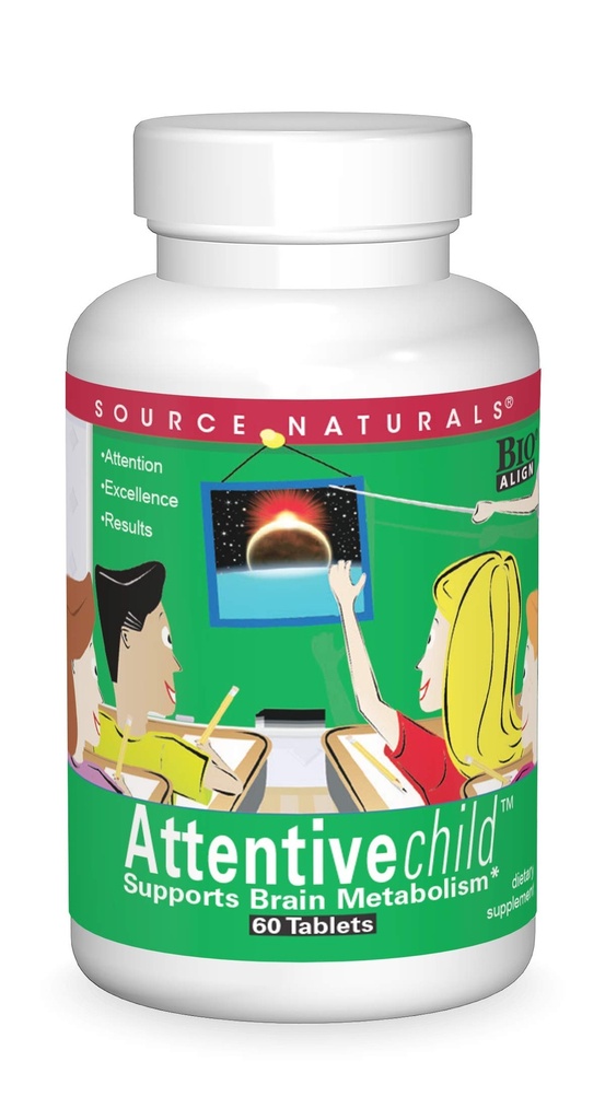 Avots Dabas Attentive Child - Veselīgi kognitīvie Barotāji aktīviem bērniem - Uzlabota Focus & Uzmanība ar DMAE, Magnijs, Cinka un vīnogu sēklu ekstrakts - 60 tabletes