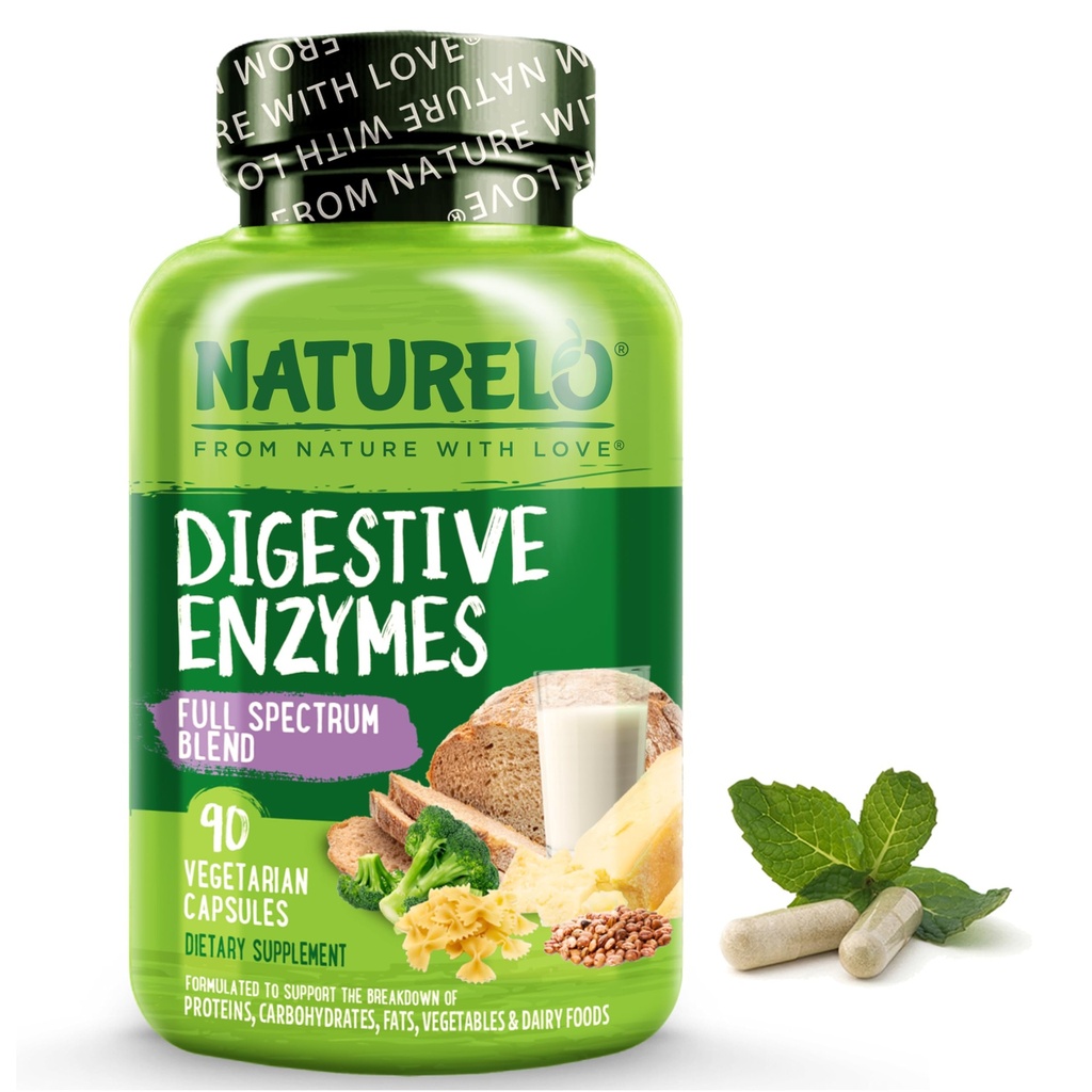 NATUREL Gremošanas enzīmi - Full Spectrum Support ar platu 15 enzīmu un ingvera savienojumu - 90 Vegan kapsulas