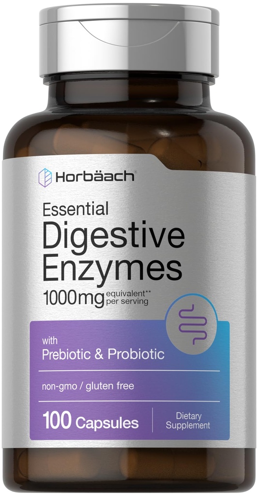 Horbäach Essential Gremošanas enzīmi - 100 kapsulas -- Fermentu maisījums vīriešiem un sievietēm -- ne-GMO un bez glutēna