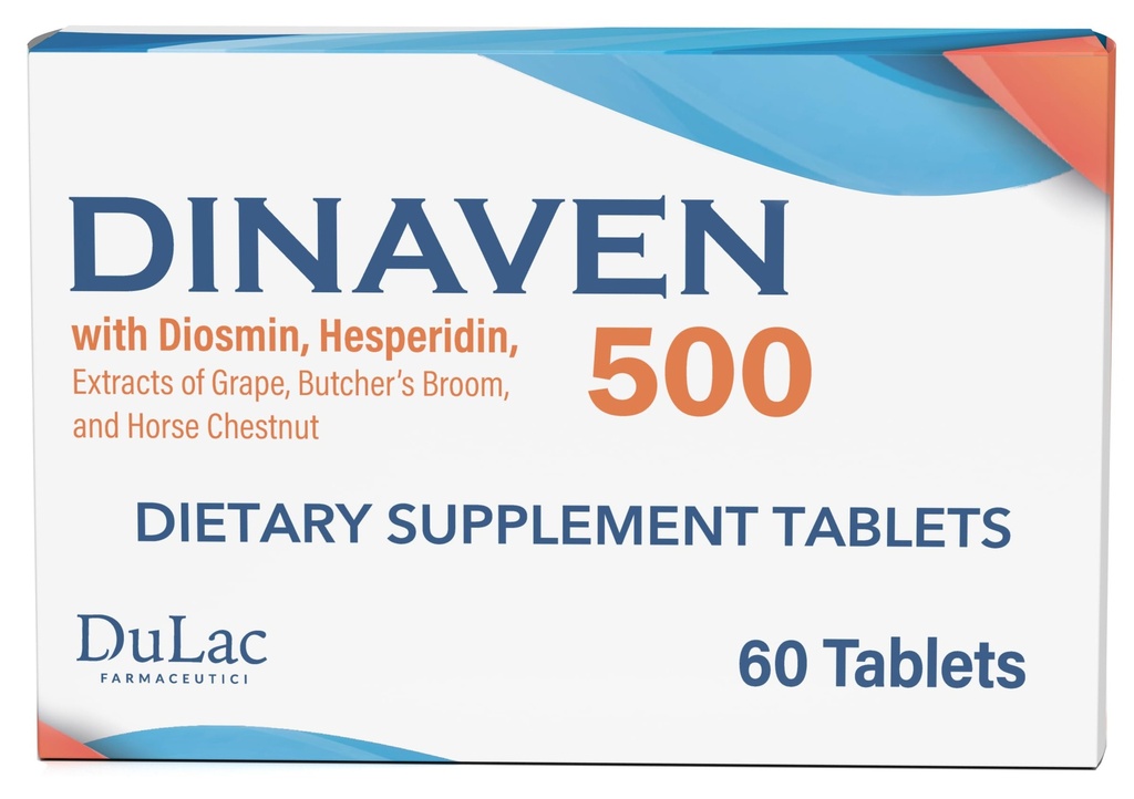 Dulac Dinaven 500, Micronized Diosmin Hesperidin Diētiskā Papildinājums 1000mg uz porciju, Zirgu kastaņu ekstrakts, Bučera slotiņu un sarkano vīnogu ekstrakts, Leg Circulation Support, 60 tabletes, Made in Italy