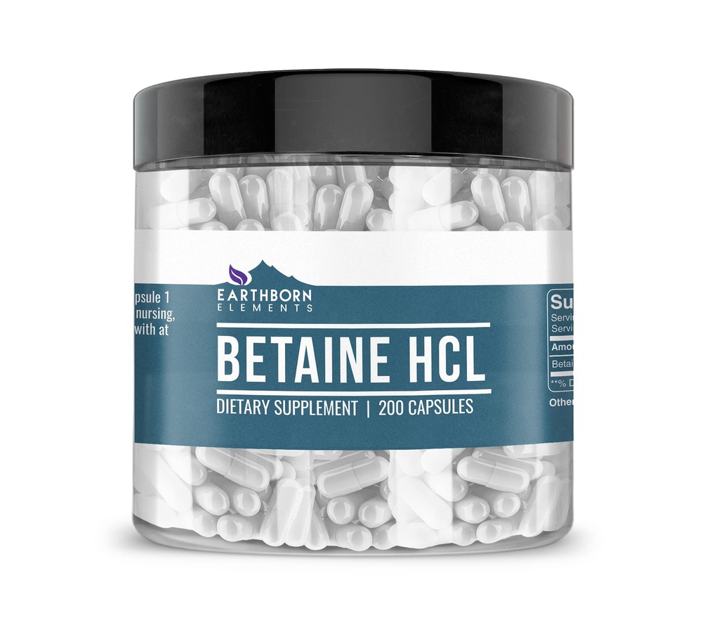 Earthborn Elements Betaine HCL, 200 Capsules, Lab-Tested, Bez pildījuma vai piedevas