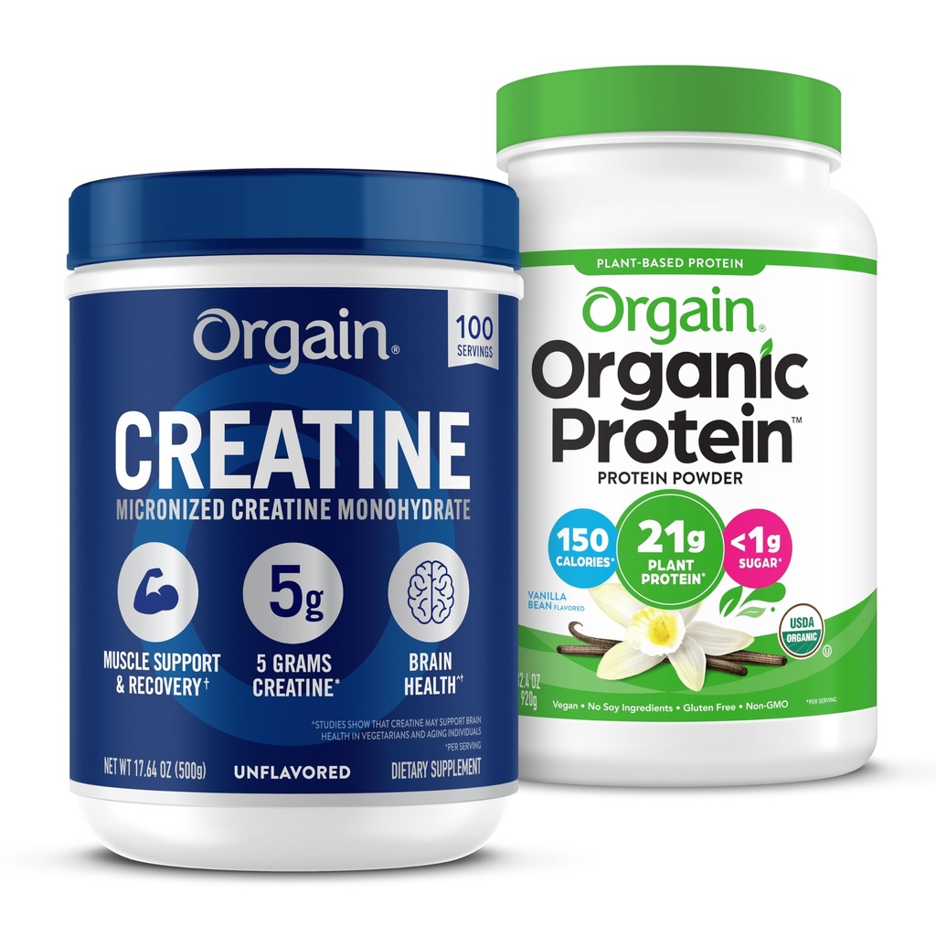 Orgain Creatine Monohidrāts Pulveris 17.64 Oz (100 Kalpojumi) & Organic Vegan Vanilla Bean Protein Pulveris 2.03 Lb barbe - augu bāzes proteīns un muskuļu atbalsts
