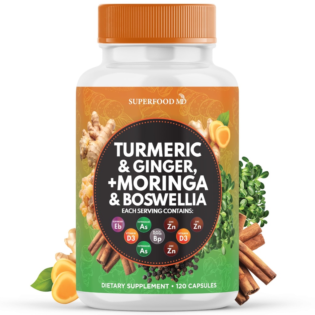 Kurkumas Moringa papildinājums   - Ingvers, Boswellia, Saffron, Svētā Baziliks-Joint Support pielikums sievietēm un vīriešiem ar Ceylon Cinnamon, Quercetin, Tart Cherry- 120 Count