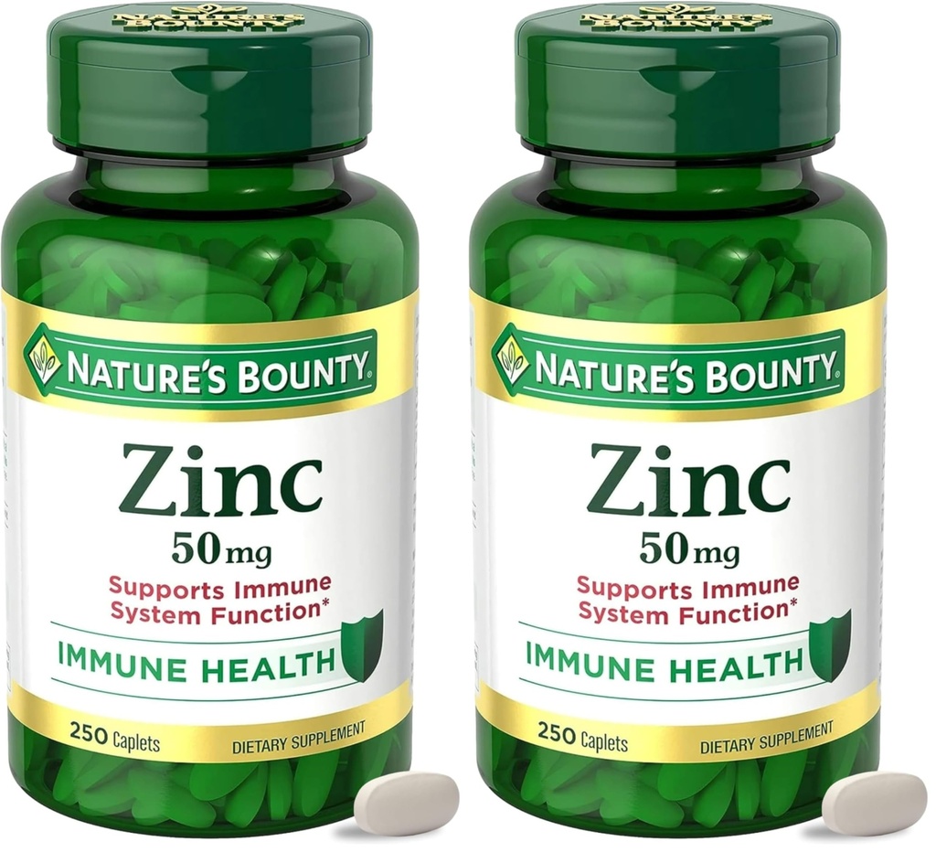 Dabas Bounty Cink 50mg,Immune Support & Antioxidant Papildinājums,Promotes ādas veselību,1 Caplet dienā,Gluten brīvs,250 Veģetārs Caplets,(Iepakojums no 2)
