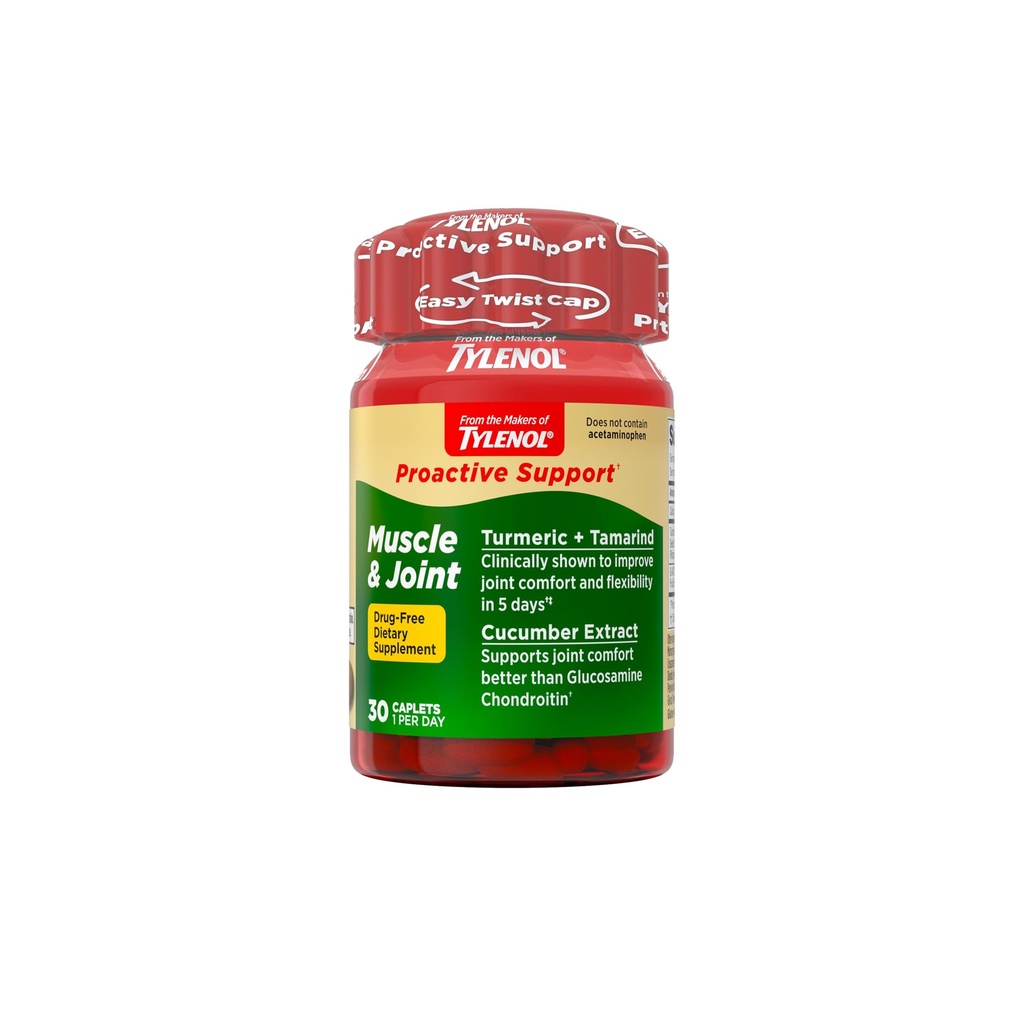 Tylenol Proactive Support from, Muscle and Joint Supplements for Women and Men, Drug Free, Tamarind, Turmeric, Cucumber Extract to Improve Joint Comfort and Flexibility, 30‑Count, 1‑Month Supply