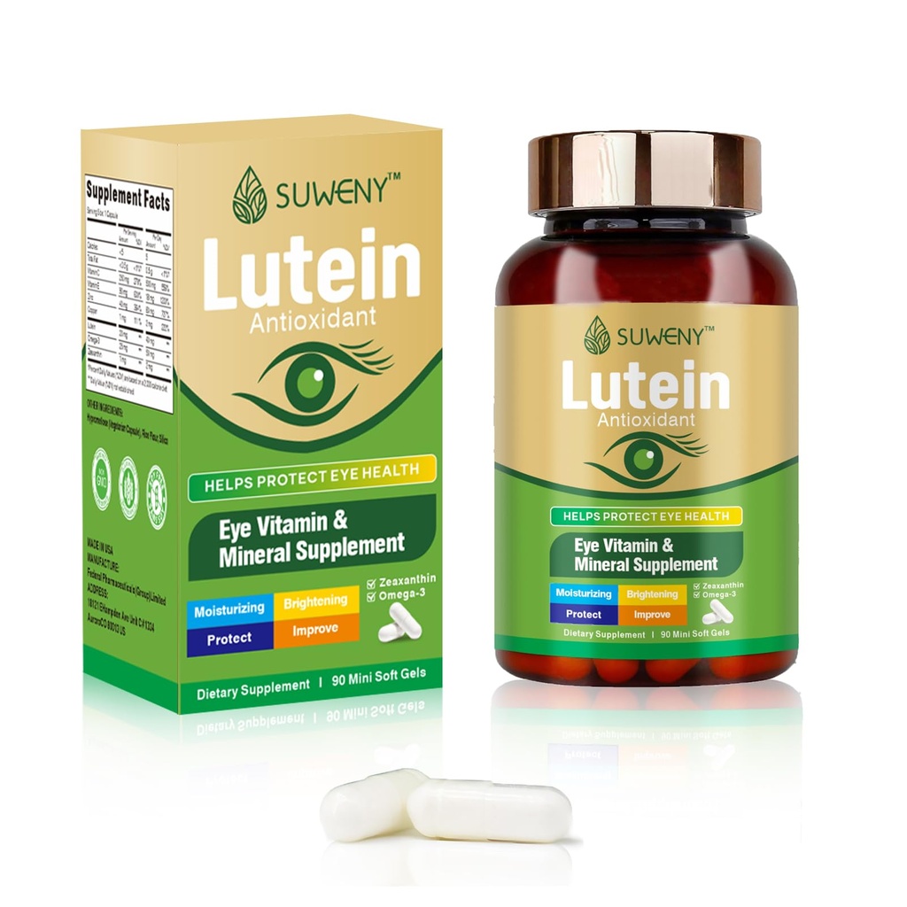 Luteīna acu vitamīni Papildinājums pieaugušajiem - 90 kapsulas, atbalsta acu veselību ar Zeaksantīnu, cinku, C un E vitamīniem, Vegan Formula zilās gaismas aizsardzībai un makulārajam atbalstam (1)