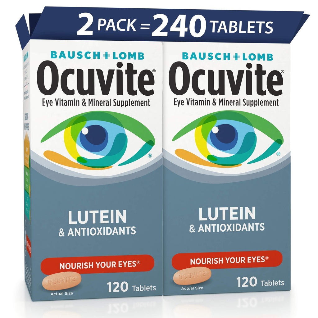Okuvīta acu vitamīns un minerālvielu papildinājums, luteīns un antioksidanti vitamīni A, C, E, cinks acu veselībai, vitamīni acīm, 120 tabletes (2. iepakojums)