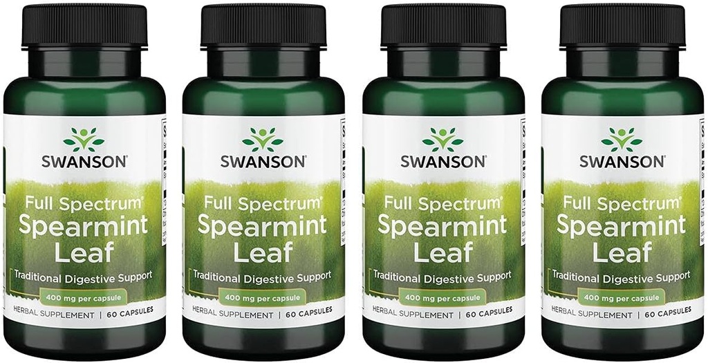 Swanson Spearmint Leaf (Menta Spicata)-Full Spectrum Herbal Papildinājums, kas atbalsta Gremošanas veselības & Vieglās kuņģa problēmas - (60 kapsulas, 400 mg katra) 4 iepakojumi
