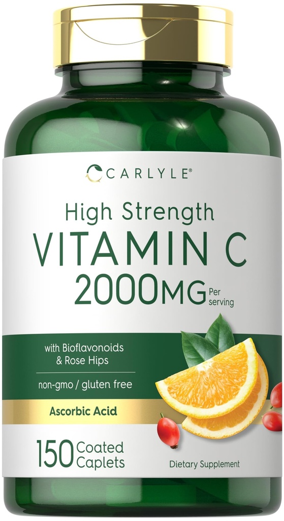 Carlyle vitamīns C 2000mg - ar rožu gurniem - 150 Caplets - Vegetarian, Non-GMO, bez lipekļa Papildinājums