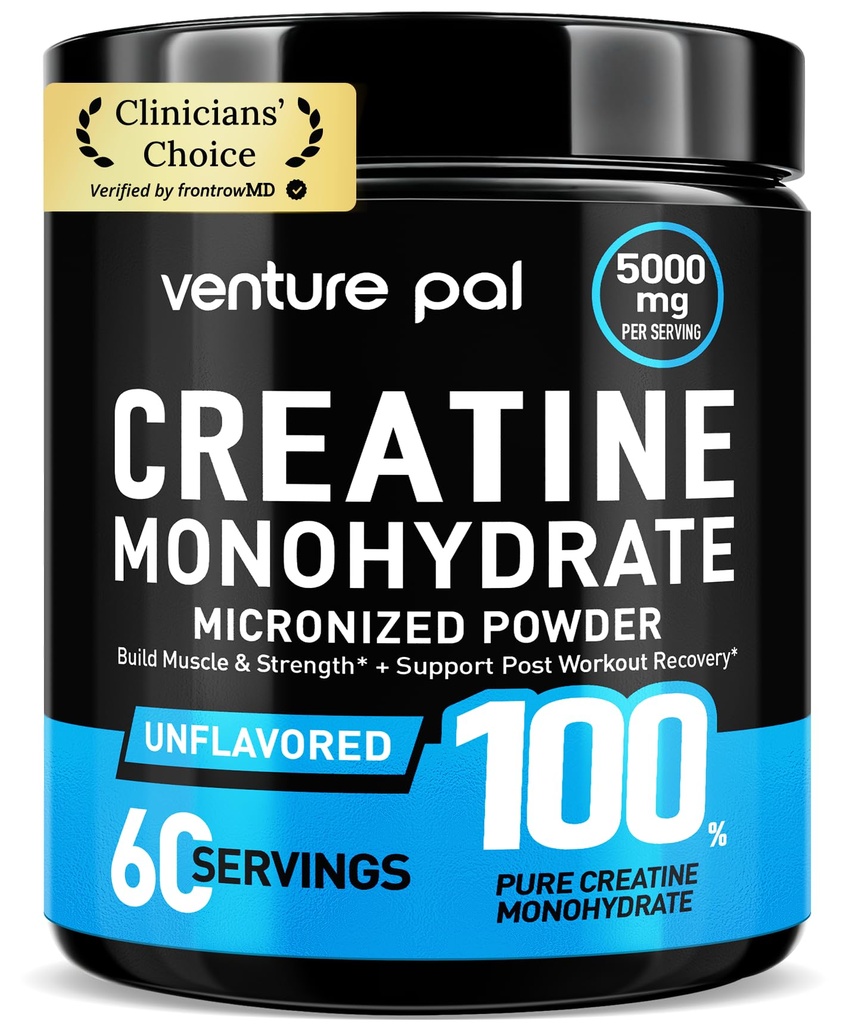 Venture Pal 100% Pure Pure Micronized Creatine Monohidrāts Pulveris, Neflavorēts kreatīns sievietēm un vīriešiem, Vegan, Keto, Bez lipekļa, 5 g (5000 mg) uz vienu Kalpotāju, Creatina Monohidratada en Polvo
