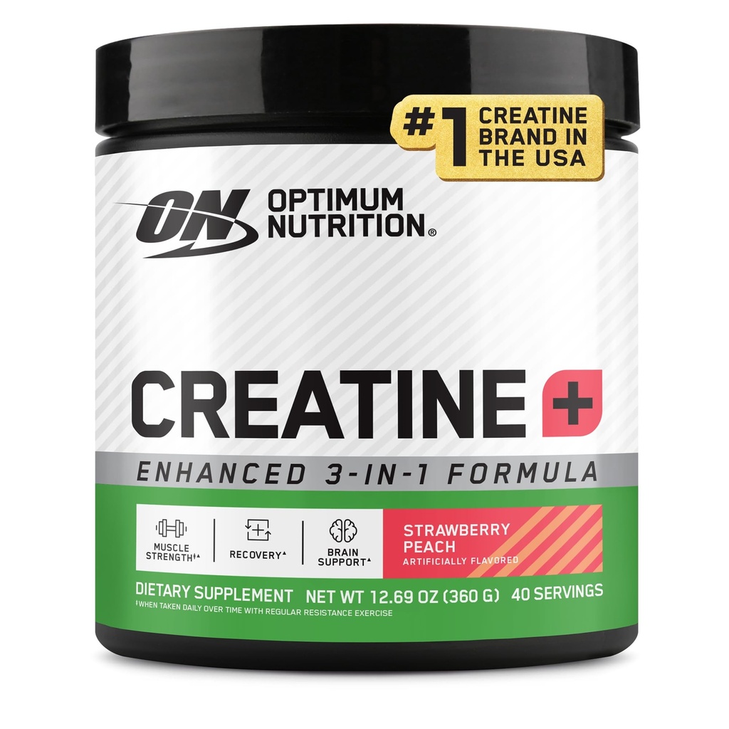 Optimum Nutrition Kreatīna monohidrāts Plus pulveris, zemeņu persiku uzliesmojošs kreatīnu veiktspēja Blend, ar Elektrolīti hidrācijai, Pievienoti vitamīni, 40 Servējumi, 360 Grams (iepakojums May Varary)