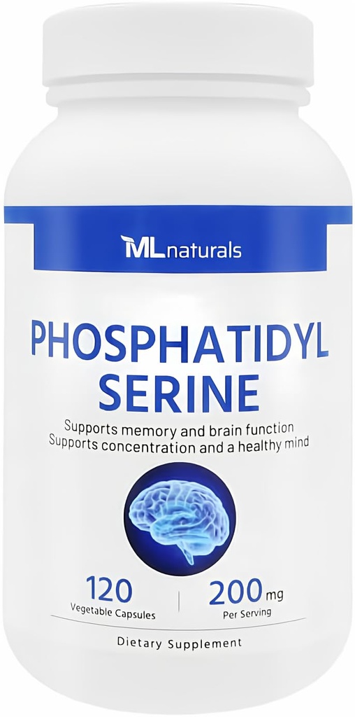 ML Naturals Fosfatidilserīns 200 mg (standarts) 120 augu kapsulas. Atbalsta atmiņas un smadzeņu funkcijas, ne- GMO, NSF- Sertificēts & cGMP- Compliant