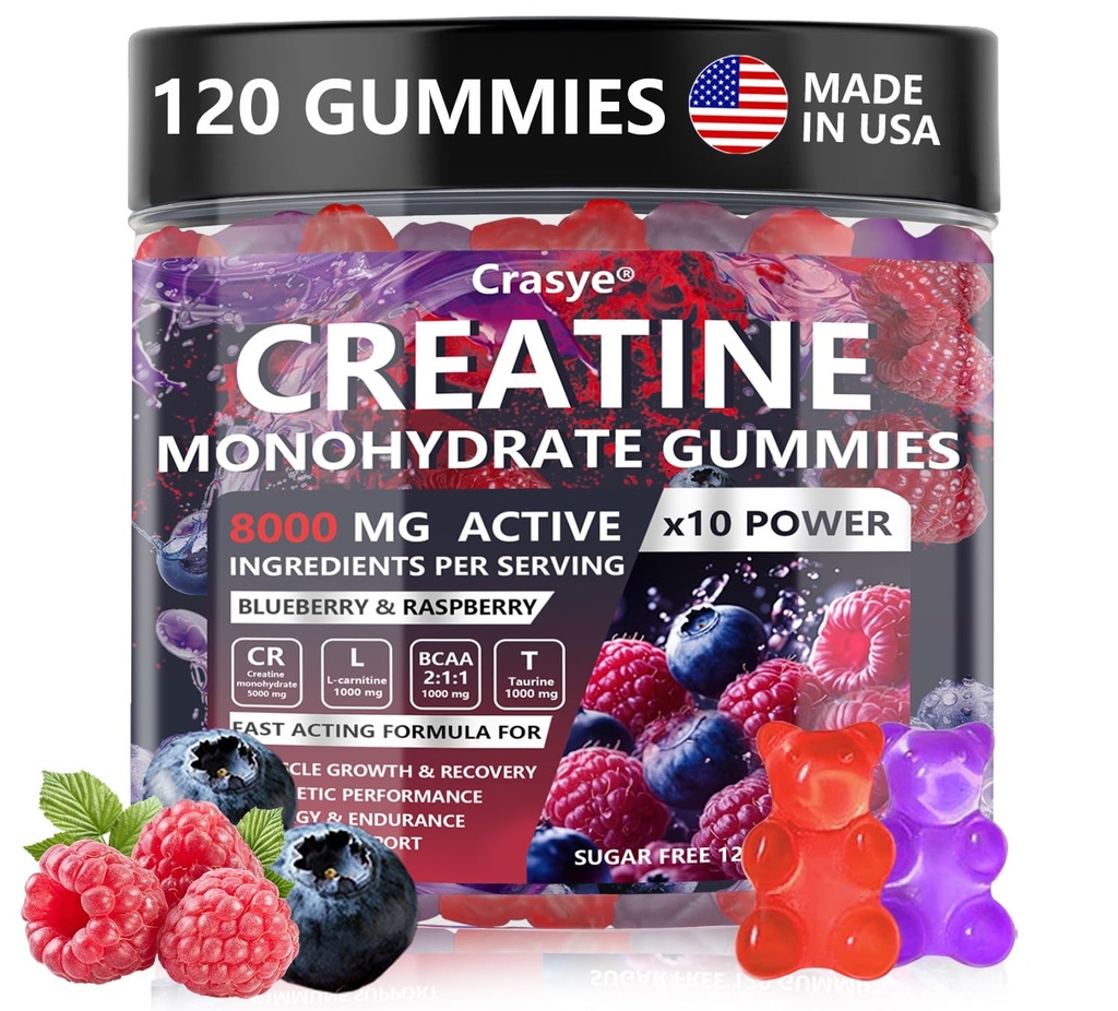 Kreatīnmonohidrāts Gumijas komplekss 8000 MG vīriešiem, kreatīngumija ar Taurīnu BCAA enerģijas atbalstam un muskuļu stiprumam, bezcukura pirmsstrādāšanas papildinājums