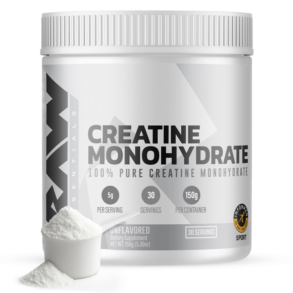 RAW Nutrition Kreatīna monohidrāts Pulveris, Neuzliesmojošs (30 Kalpojumi) - Mikronizēta kreatīna monohidrāts Papildinājums Workout veiktspēju, Build Muskuļi & Stiprums - Kreatīna pulveris vīriešiem un sievietēm