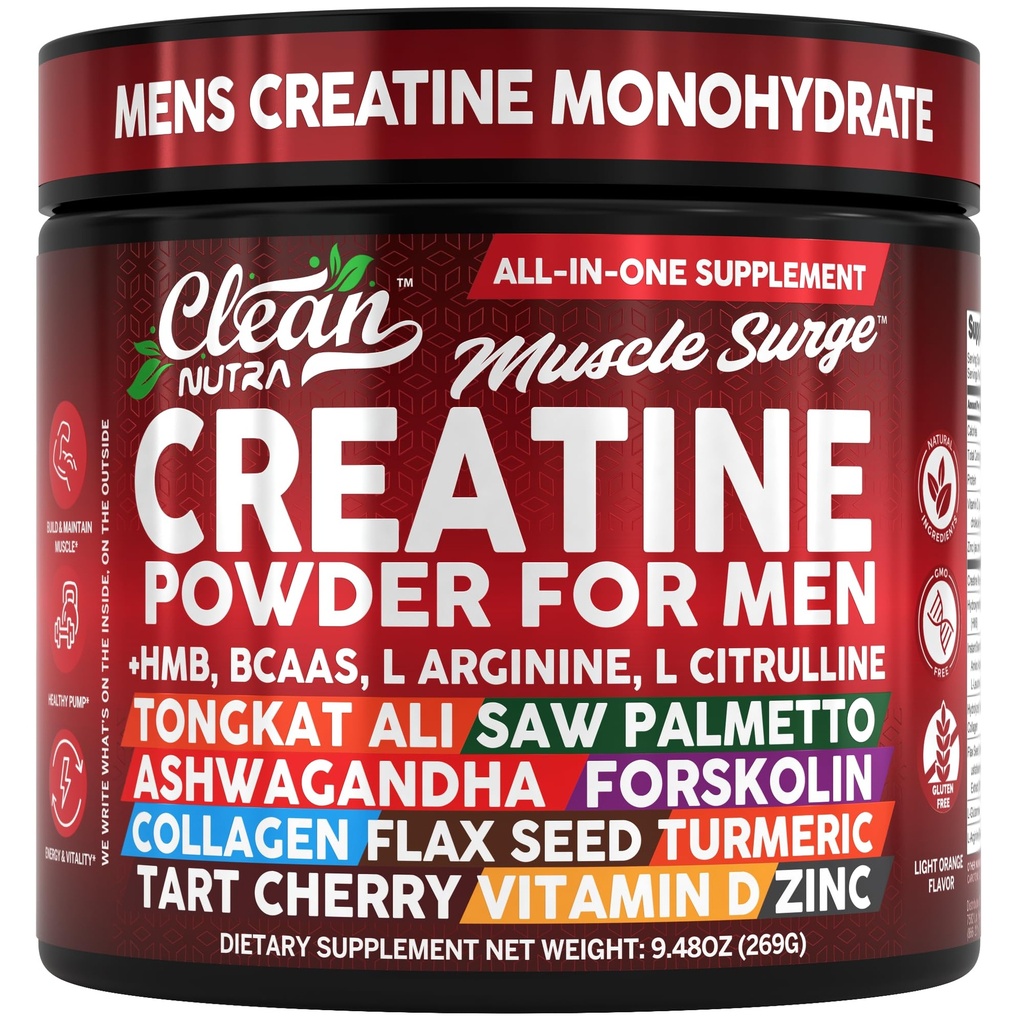 Tīrs Nutra Creatine Pulveris vīriešiem + HMB BCAA L Arginine L Citrulline Tongkat Ali Saw Palmetto Ashwagandha kolagēns Linu sēklas Turmeric Pirms treniņa Stevia Nitric Oxide L Glutamine Aminoskābes