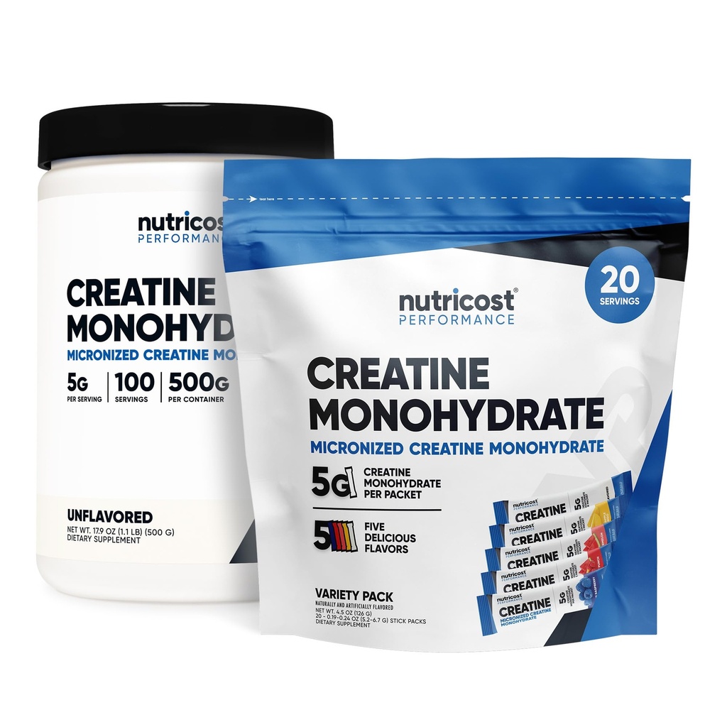 Nutricost Mikronizēts kreatīnmonohidrāts 500 Grams un 20 Stickpacks (Variety) Paka