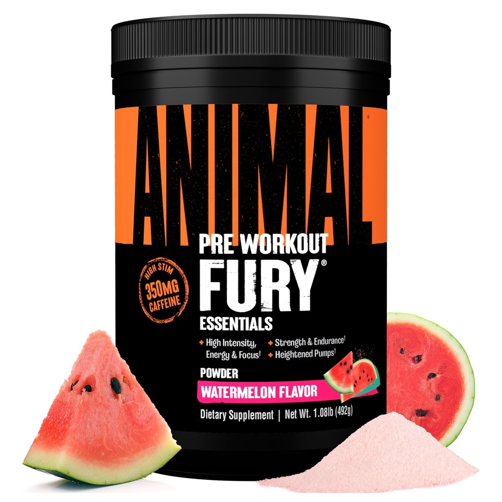 Dzīvnieku Fury Pre Workout pulvera papildinājums enerģijai un Focus 5g BCAA 350mg kofeīns Slāpekļskābes oksiduls bez kreatīnu Jaudīgs stimulants kultūristiem, arbūzs