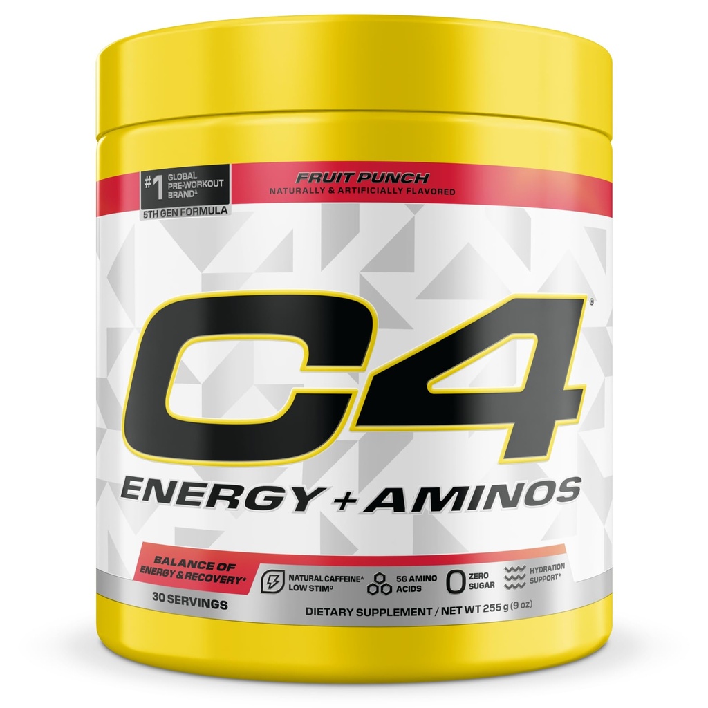 C4 Enerģija + aminos pulveris, 5g BCAAs & EAA muskuļu reģenerācijai, 3 Elektrolīti hidratācijai, 100mg Dabas kofeīns, Pirms treniņa, Nulle Cukurs, 30 Kalpo, Augļu Punch