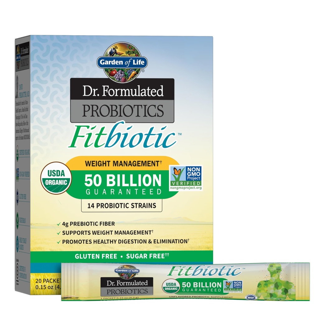 Garden of Life Dr Formulated Probiotics Fitbiotics Svara vadības Pulveris, 50 miljardi KVV & Prebiotic Fiber, Organic & Non-GMO Gremošanas Gut Health Probiotic Papildinājums, 20 Single Serving Packets