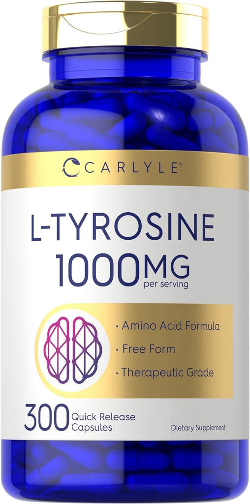 Carlyle L Tirozīna kapsulas 1000mg - 300 Skaits -- Terapeitiskā pakāpe - vīriešiem un sievietēm -- Ne-ĢMO un bez glutēna Papildinājums