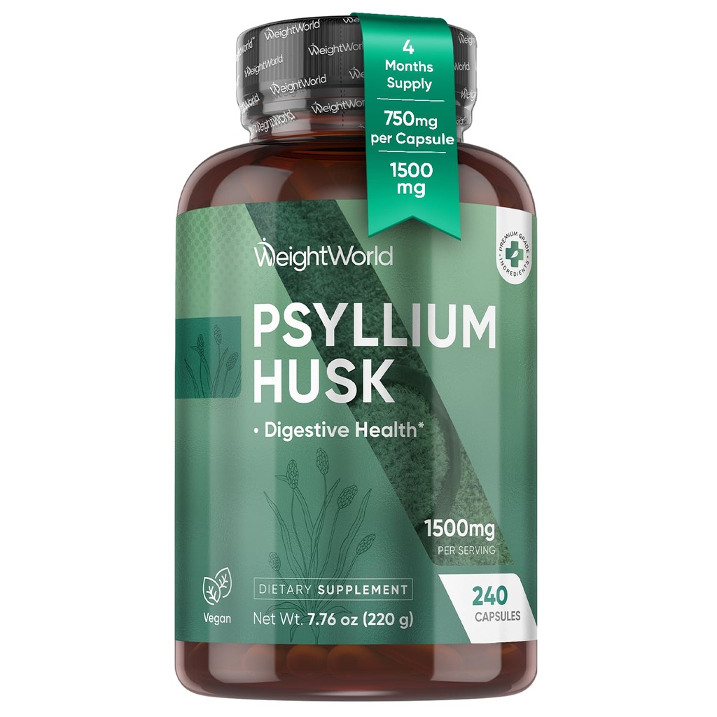 SvarsPasaules Psillija Husk Kapsulas 1500mg Per Servējot, 240 Vegan Kapsulas - 4 Mēneši Piedāvājums - Gremošanas Veselības - Dienas Psilium Husk Fiber Papildinājums - Non-GMO, GMP-Apstiprināts, & Allergen-Free