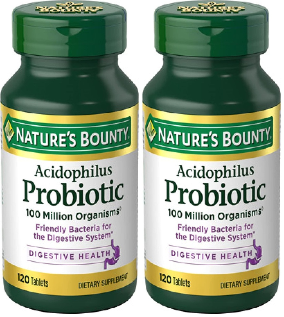 Dabas Bounty Lactobacillus Acidophilus Probiotikas papildinājums - Daily Probiotic for Women/Men Digestive Health,100 miljoni organismu,Veģetārietis,1 Kalpošana dienā,120 tabletes,(Pack of 2)