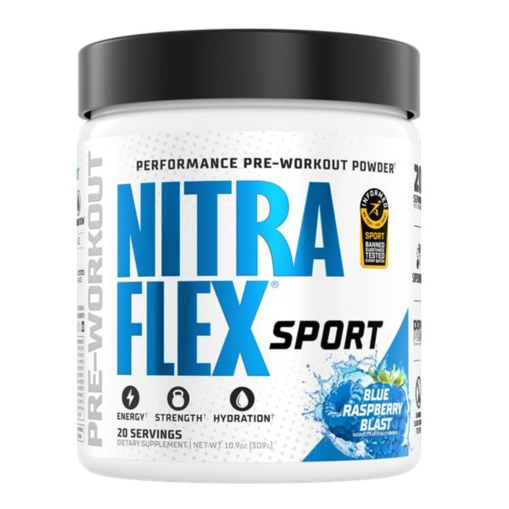 Nitraflex Sports Blue Raspberry Pre-Workout Pulveris, Konservēta viela bez, Informēta izvēle Sertificēts, Hydration, Citrulline, Beta-Alanine, Betaine, 20 Kalpo