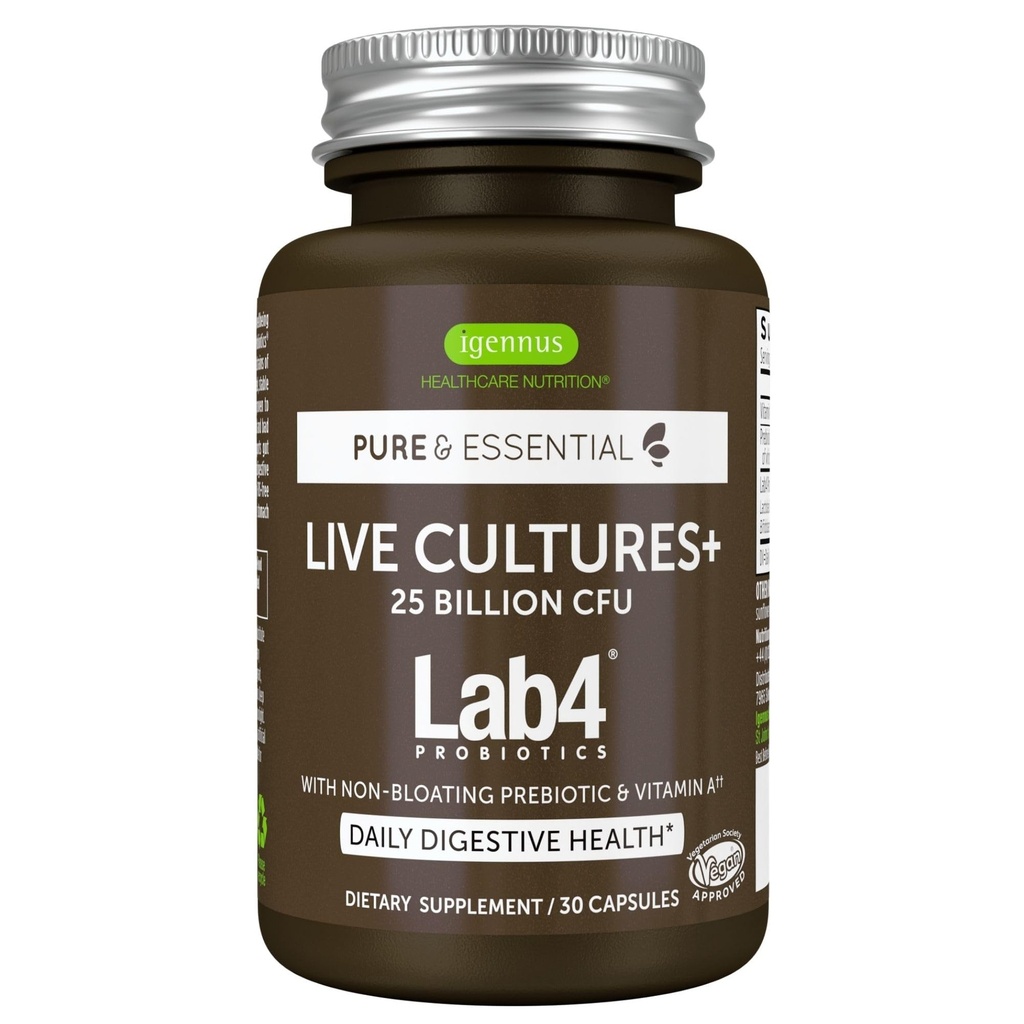Igennus Probiotikas & Prebiotics 2 in 1, Lactobacillus Acidophilus & Bifidobacterium, Gut Health Support, Live Cultures+ Lab4, Garantēts 25 miljardu KVV, Sievietes un vīrieši, Nepeldošas, Ne-GMO, 30 Kapsulas