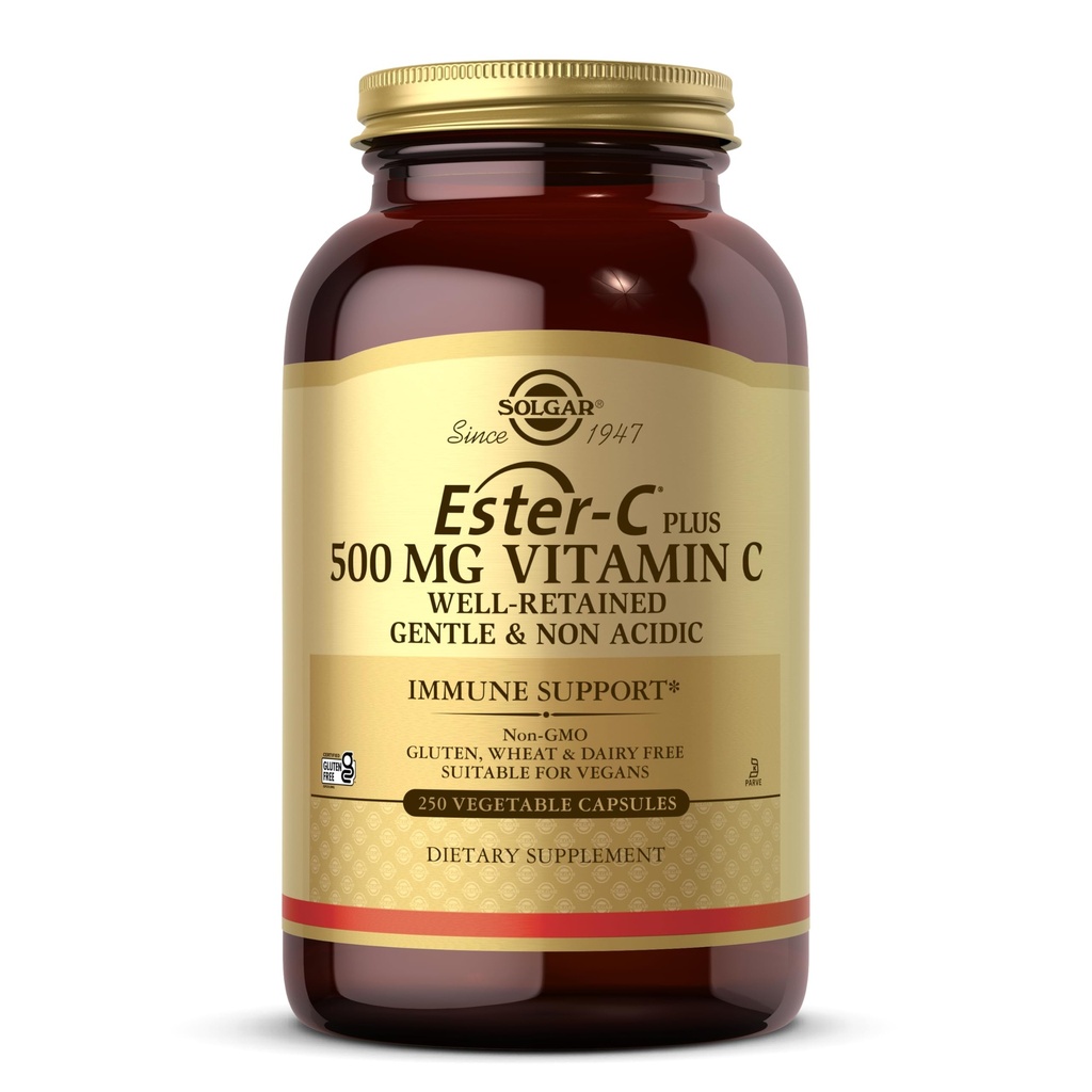 Solgar Ester-C Plus 500 mg C vitamīna (Askorbāta komplekss), 250 Dārzeņu kapsulas - Maigas un neskābas - Antioksidants un Imūnsupports - NeĢMO, Vegan, Bez lipekļa, Košera - 250 Kalpojumi