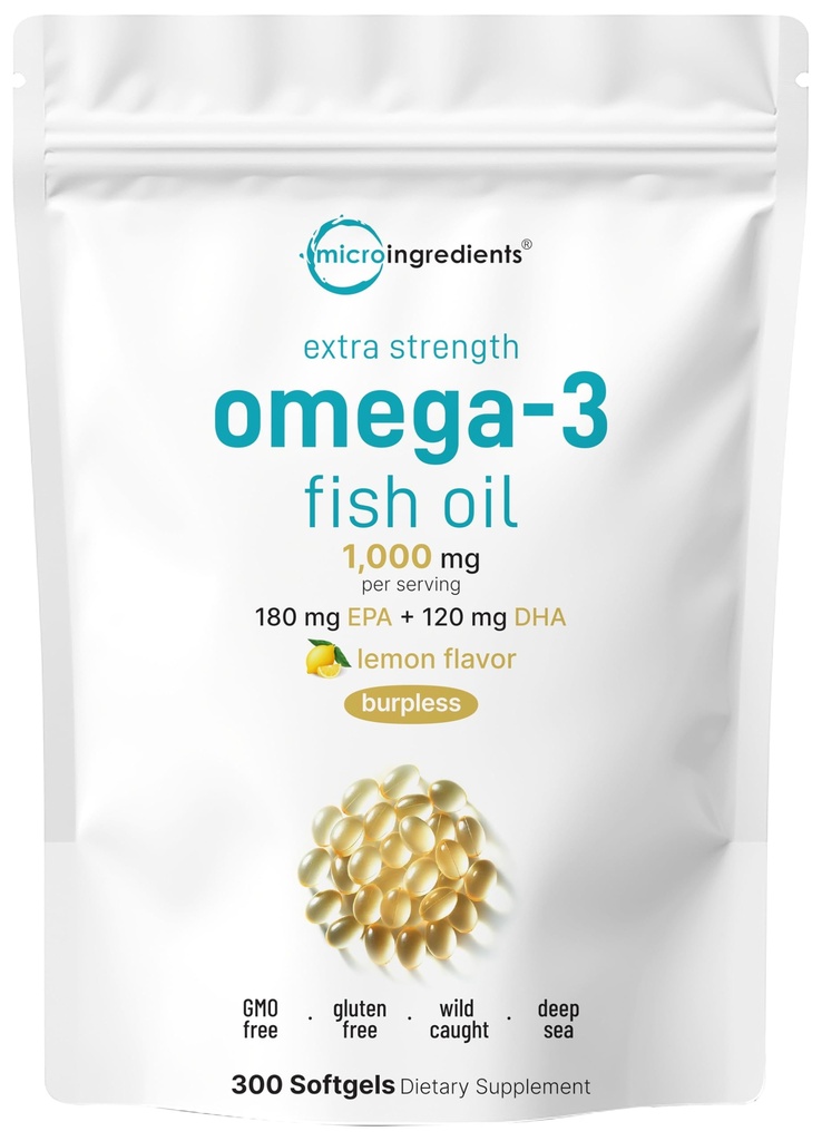 Micro Ingredients Extra Strength Omega 3 Zivju eļļas piedevas 1 000mg uz vienu Servē, 300 Softgels 
