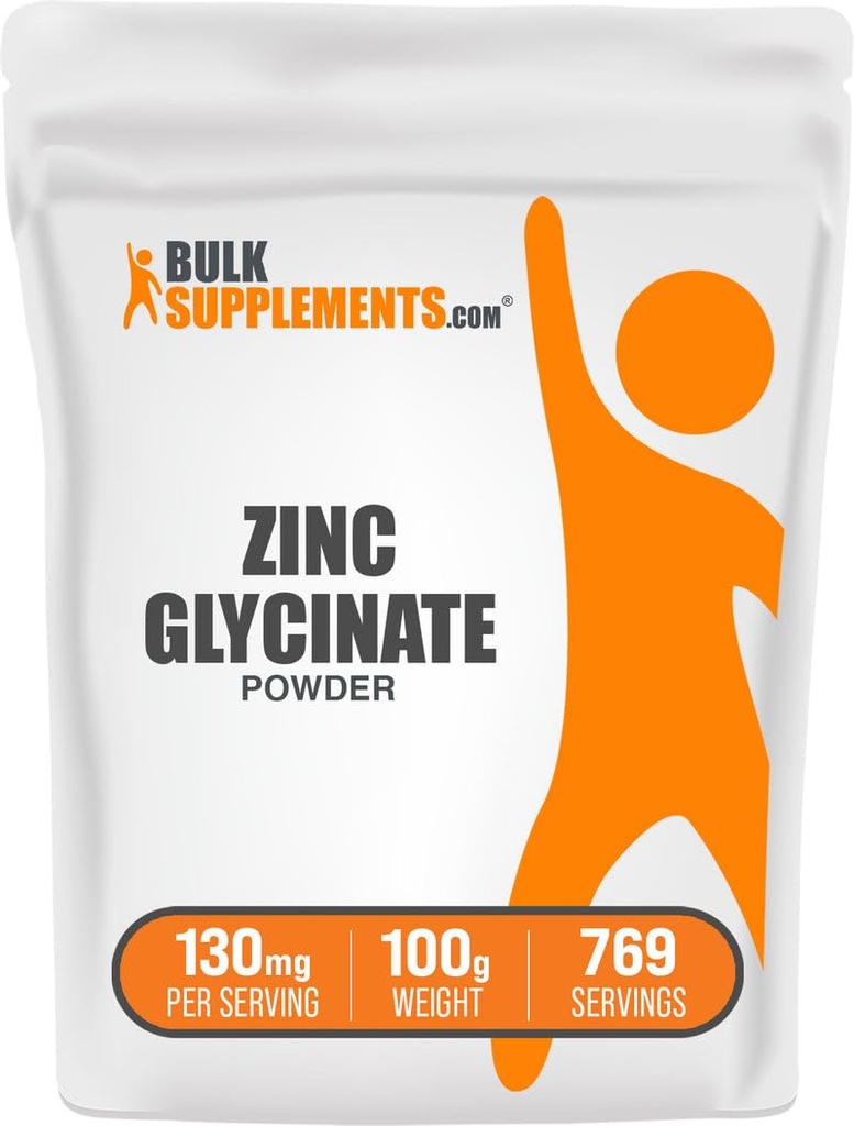 BulkSupplements.com Zinc Glycinate Powder - Zinc Supplement, Mineral Supplement for Immune Support - Gluten Free, 130mg per Serving, 100g (3.5 oz) (Pack of 1)