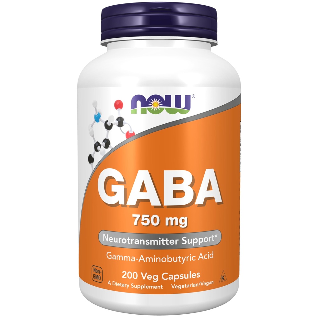 NOW pārtikas piedevas, GABA (gamma-aminosviestskābe) 750mg, neiromediatoru atbalsts*, 200 Veg kapsulas