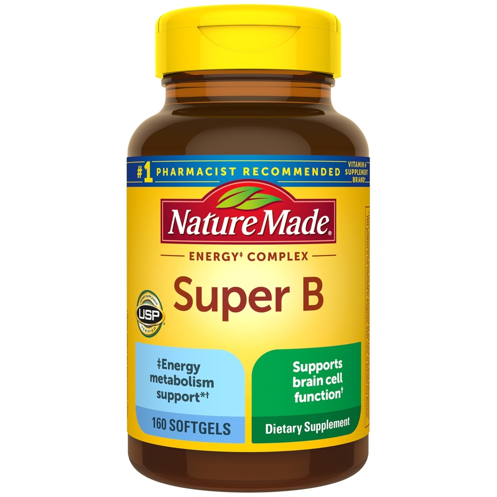 Daba Made Super B Complex Vitamīni sievietēm un vīriešiem, Diētiskā papildinājums enerģijas vielmaiņas atbalstam, Super B vitamīna komplekss, 160 Softgels, 160 Day Supply