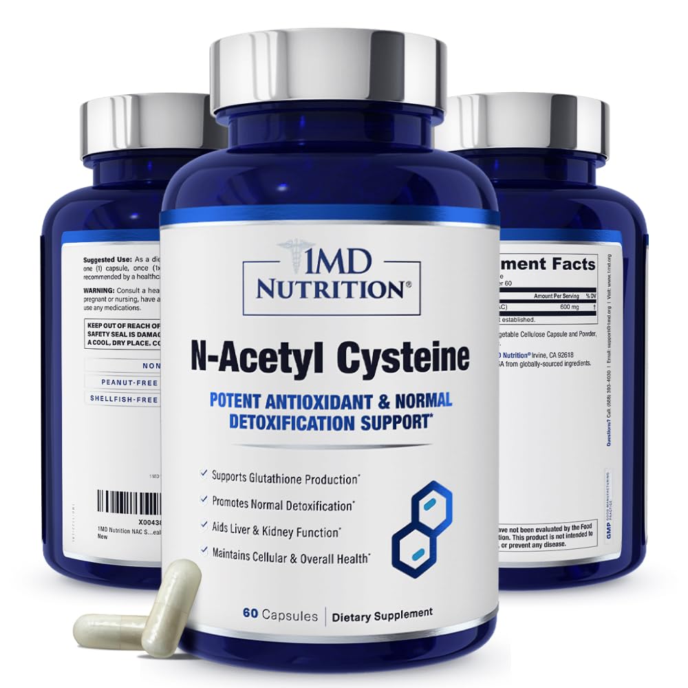 1MD Nutrition NAC papildinājums N- Acetyl Cysteine - NAC 600 mg - Antioksidants uztur detoksu un glutationa ražošanu - N Acetilcisteīna elpošanas papildinājums plaušu veselībai - 60 kapsulas