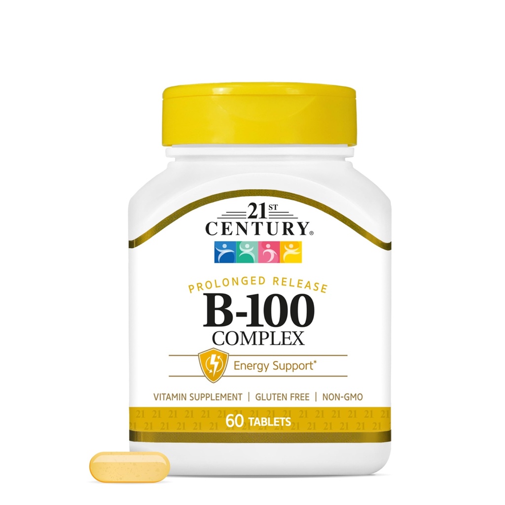 21st Century B-100 Complex ilgstošās darbības tabletes, 60 Skaits (iepakojums no 1), augstas pakāpes vitamīnu B komplekss nervu sistēmai, enerģijas atbalsts, Ietver vitamīnu B1, B2, B6, biotīns un kalcijs