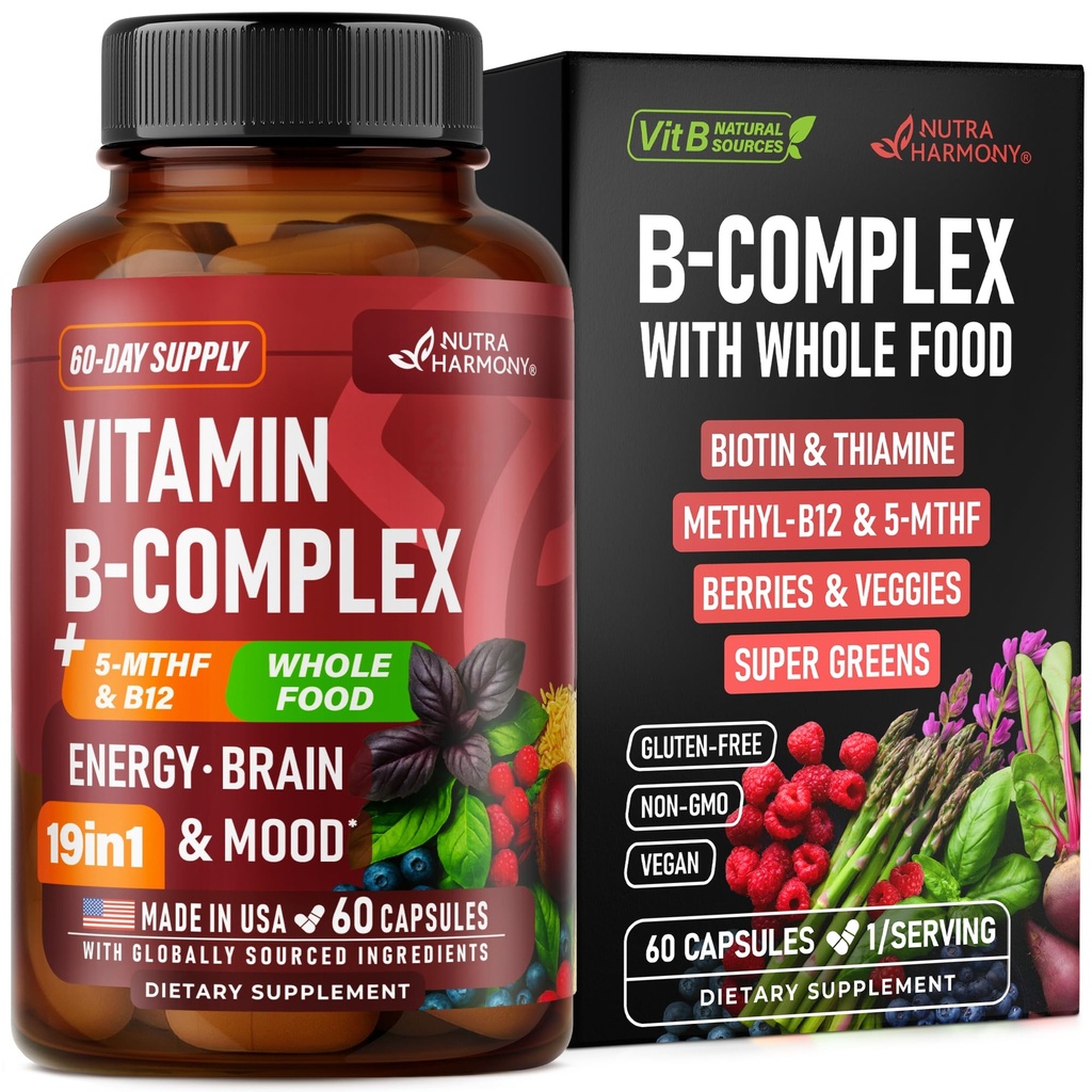 B vitamīna komplekss - B1 - B2 B3 B5 B6 B6 Biotīns - B12 - 5-MTHF - Astragalus un visa pārtika Blend - Enerģija, Metabolisms un smadzenes - B vitamīns sievietēm un vīriešiem - Ražots ASV - 60 kapsulas, 60 dienas Piedāvājums