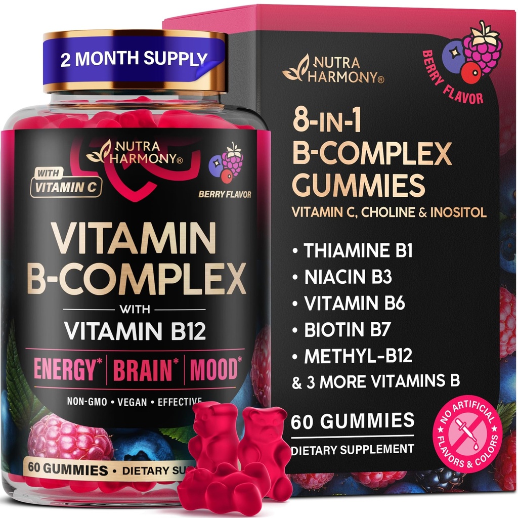 Vitamīns B-Complex Gummies sievietēm un vīriešiem - vitamīns B12, B1, B2, B3, B5, B6, B7 un B9 - B komplekss ar vitamīnu C un holīna - enerģija, smadzenes un koks - dabas Berry Flavor, Vegan - 60 Gumies 2 mēnešus