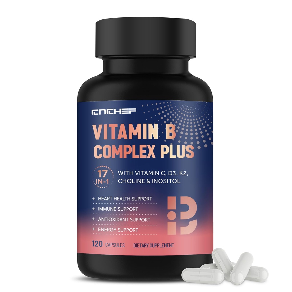B vitamīna komplekss Plus – vitamīns B1, B2, B3, B4, B5, B6, B7 (biotīns), B8 (inozitols), B9, B12, C, D3, K2, enerģija, imūnā, āda, nervu sistēmas atbalsts vīriešiem un sievietēm - 120 kapsulas