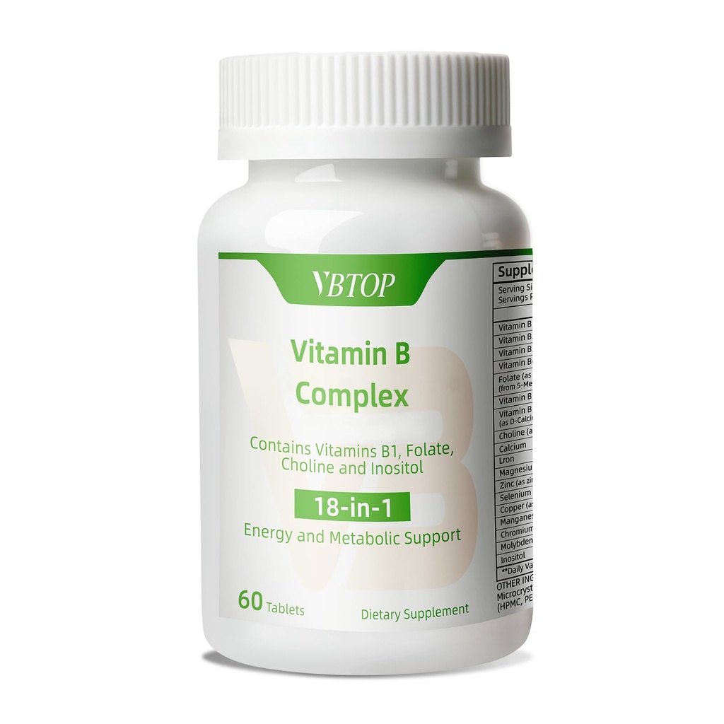 B vitamīna komplekss, ar B1, B2, B3, B5, B6, B12 vitamīniem, folijskābe, holīns, cinks, kalcijs, inozitols, smadzeņu un sirds veselībai, imūnā veselība un šūnu enerģijas atbalsts, 60 tabletes