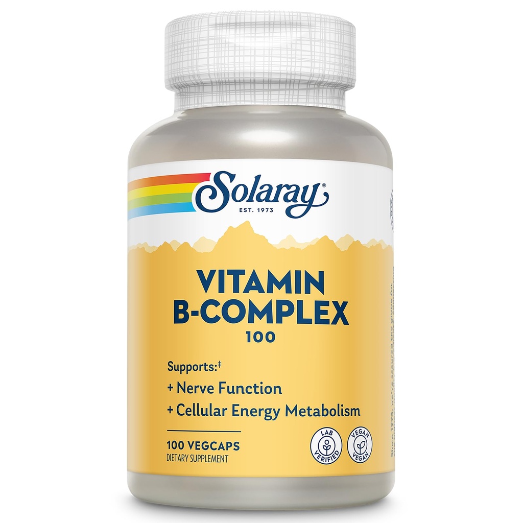 SOLARAY B vitamīna komplekss 100mg - Celulārā enerģija, nervu un sirds veselības atbalsts - Visi 8 B kompleksie vitamīni - vitamīns B12, B1, B2, B3, B6, niacīns, folijskābe un biotīns - Vegan, 100 Servējumi