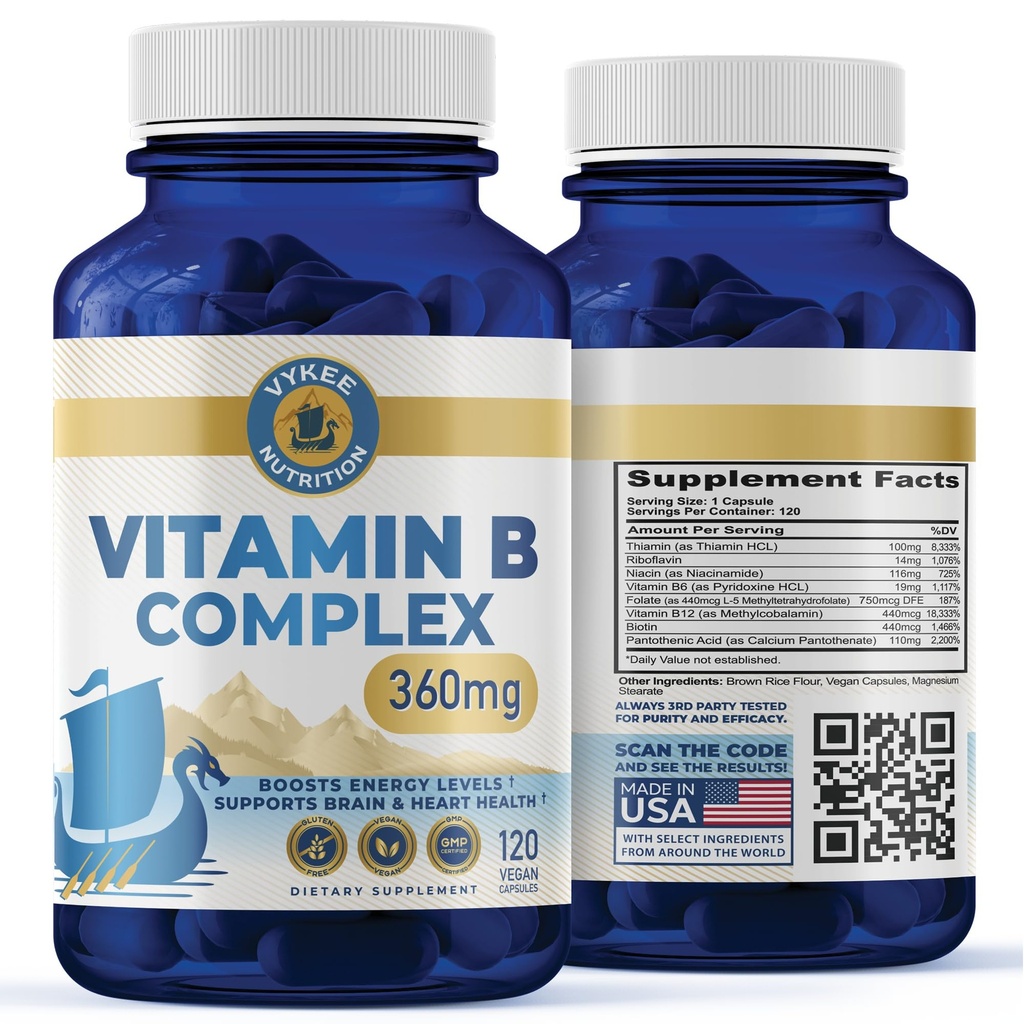 Vykee Nutrition B Complex Papildinājums – Augstas devas B Vitamīni ar 750mg DFE Folāta, 440mcg B12/Biotīns -Vegāns Non-GMO ---Atbalsts šūnu enerģijas ražošanas un sarkano asins šūnu veidošanās - 120 kapsulas