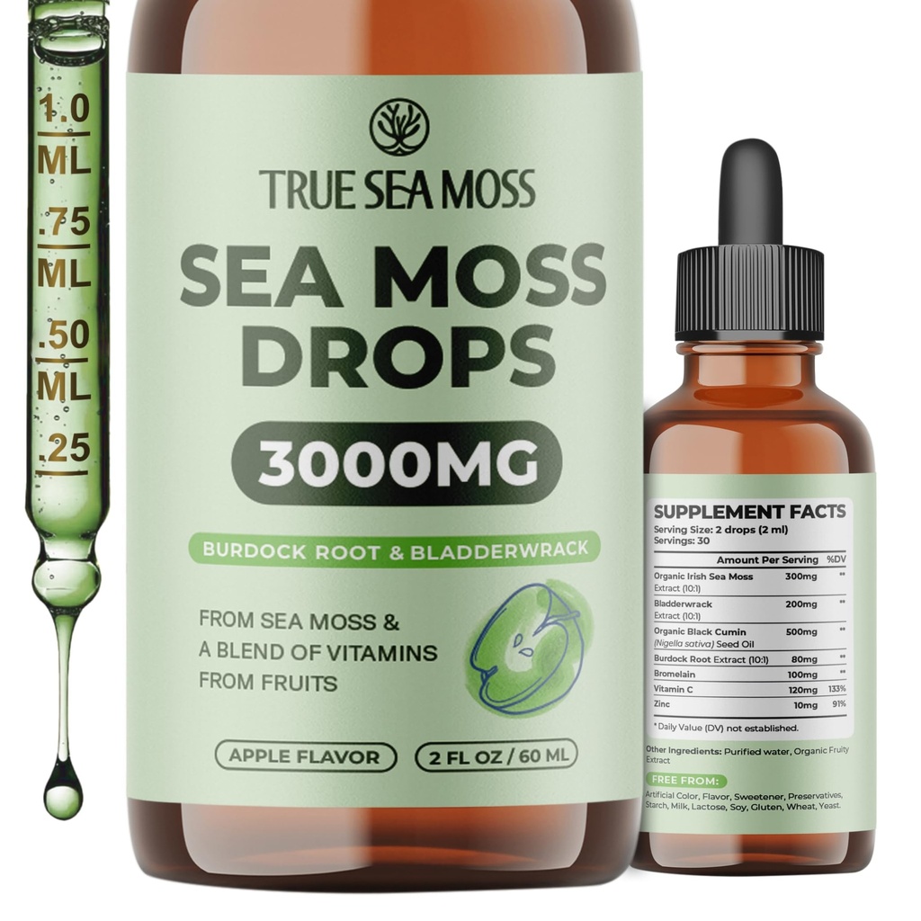 TrueSeaMoss 3000mg Irish Sea Moss Pilieni ar dadzis Saknes & Bladderwrack gremošanas sistēmu un muskuļu atgūšanas atbalsts - 2 Fl Oz Apple NW1