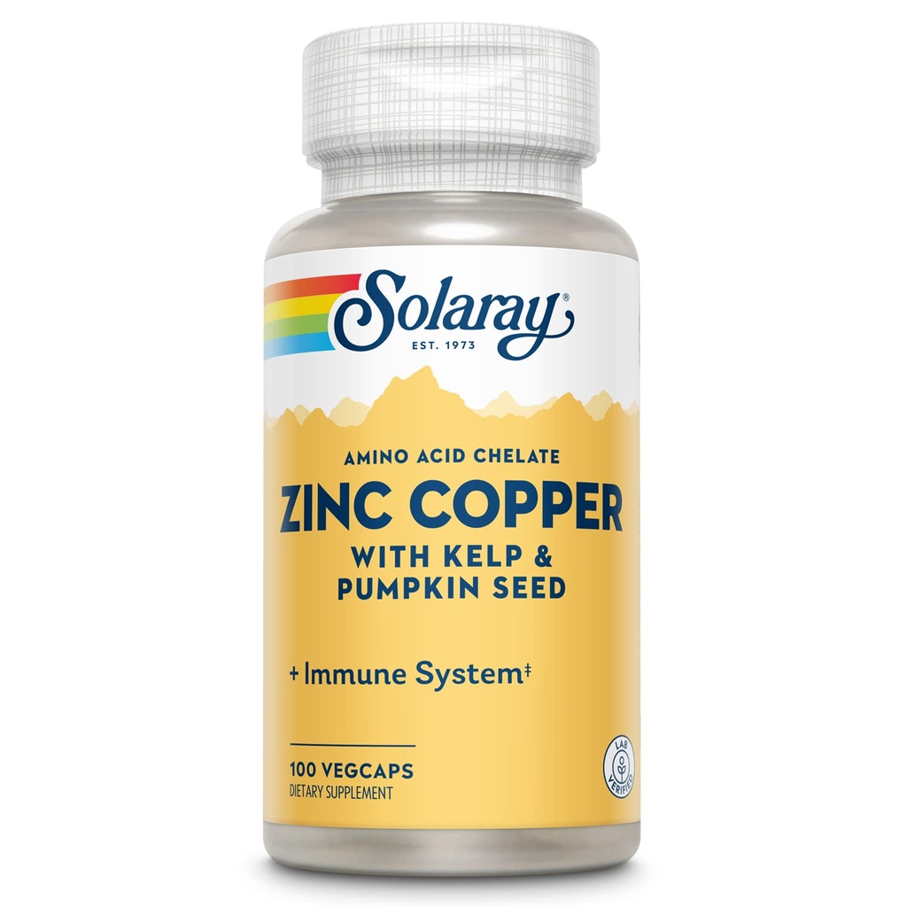 SOLARAY Cinka vara aminoskābes helāts - Imūnās atbalsta papildinājums w/Cinka 50mg - Kaulu, ādas, sirds veselības un vairogdziedzera atbalsts - ar jodu no Kelp, 60 dienu garantija, 100 Serv, 100 VegCaps