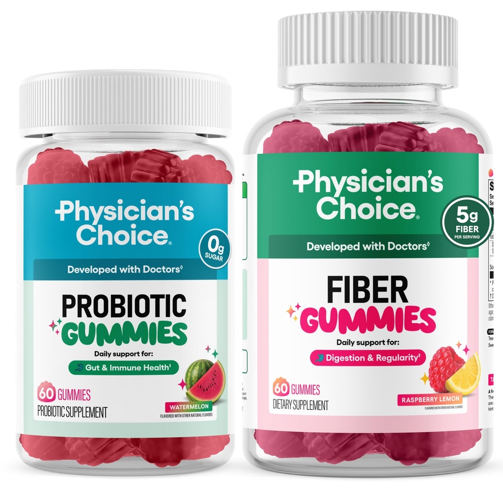 Physician's CHOICE Gut Gummy Bundle: Probiotic Gummies + Fiber Gummies - No Sugar Added & Vegan - Supports Digestive Health & Regularity for Women and Men