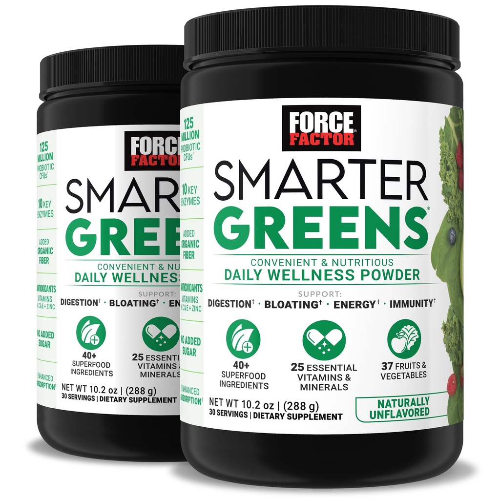 Force Factor Smarter Greens Daily Wellness Powder 2-Pack to Support Energy, Immunity & Digestion, Superfood Greens Pulveris ar vitamīniem, minerālvielas un probiotikas, Neuzliesmojošs, 60 Kalpo