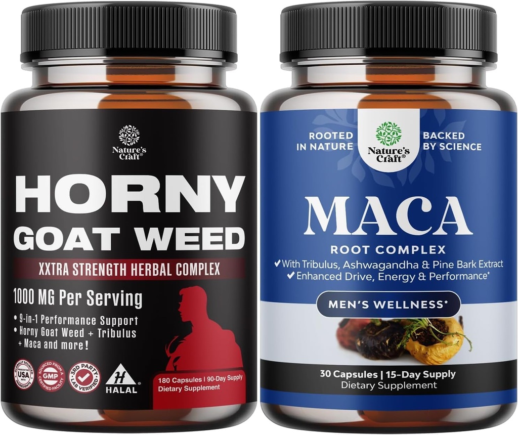 Horny Kaza Veda ar Black Maca saknes, Tongkat Ali, Saw Palmetto & Panax Ginseng ekstrakts Stamina & Enerģija un Black Maca saknes ar Sibīrijas žeņšeņs Ashwagandha - Vīriešu labsajūtas papildinājums