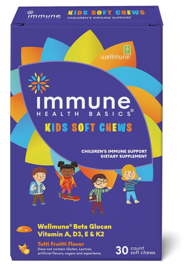 Kids Soft Chews ar Wellmune® -- Natural Beta Glucan Papildinājums Imūnsupport & Daily Wellness -- Allergen-Free & Nav pievienots cukurs -- Tutti-Frutti Flavor, 30 Soft Chews