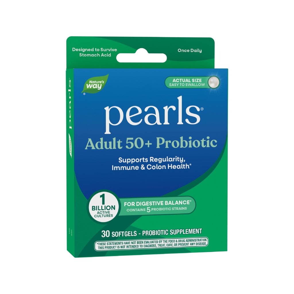 Dabas ceļš Pearls Adult 50+ Probiotikas, Probiotikas gremošanas veselībai* Atbalsta regularitāte, Imūnās un resnās zarnas veselība*, 1 miljardu kultūras, Nav ledusskapis nepieciešams, 30 Softgels