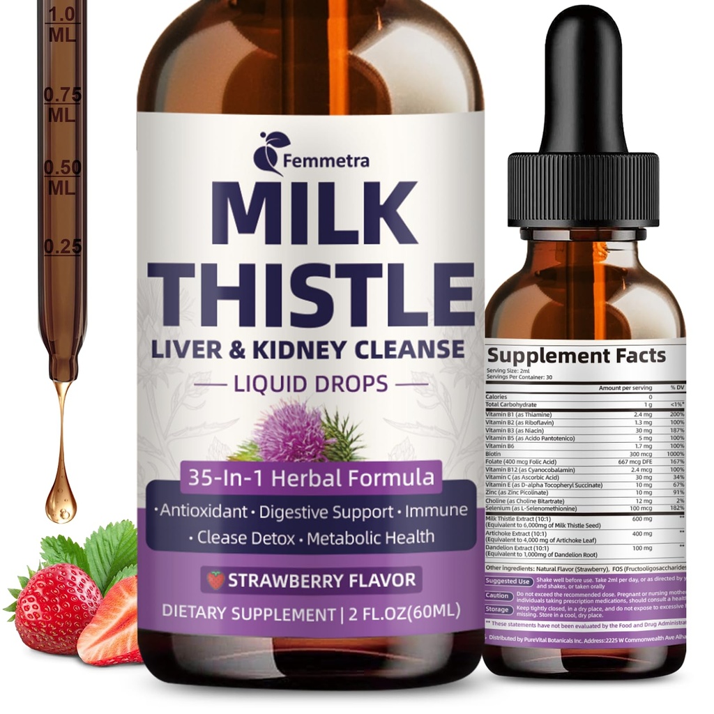 Piena Thistle ekstrakts šķidruma pilieni aknu tīrīšanai Detox & Remonts, 35-IN-1 Nieru atbalsta papildinājums ar Artichoke & Dandelion urīna trakts, urīnpūšļa, Vegan, ne-GMO, zemeņu Flavor, 2 FL OZ